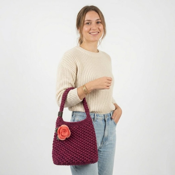 Anita’s Crochet Handbags - 🌸Handmade Crocheted Rose Accent Tote — Burgundy